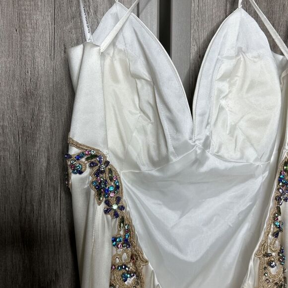 Sherri Hill Silk Ivory Formal Dress Jeweled Open Back Train Size 10 Altered - Picture 8 of 16